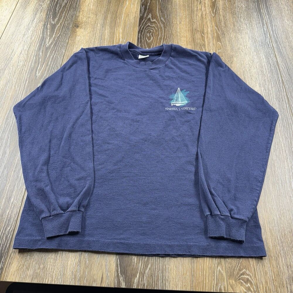 Vintage Marthas Vineyard Shirt Mens L Blue Sailboat 90s USA Long Sleeve Tee Sea